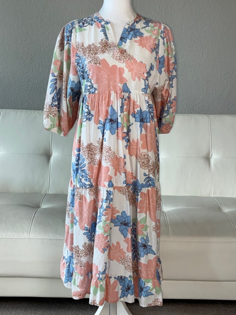 That’s It Floral Tiered Midi Prairie Dress in Pink, Blue & Green
